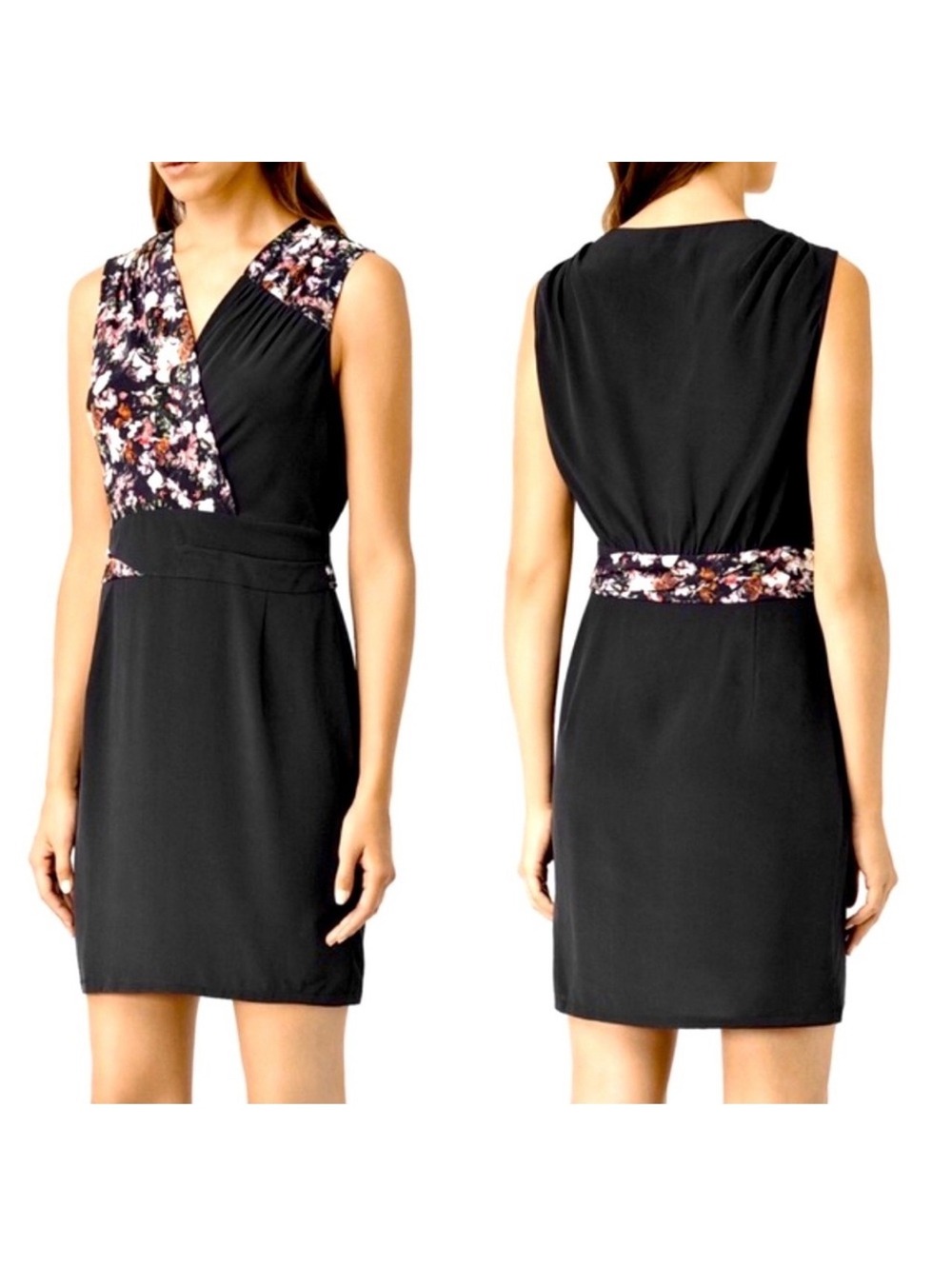 AllSaints Azure Chase 100% Silk Floral Asymmetric Faux-Wrap Dress Black Size 2